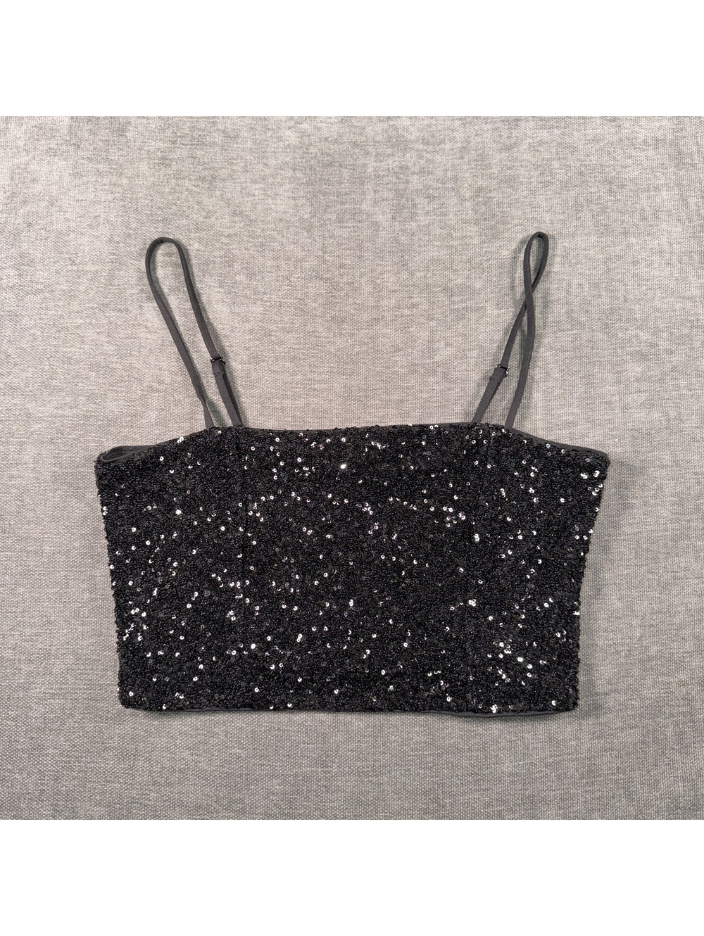 Express Black Sequin Spaghetti Strap Crop Top Medium